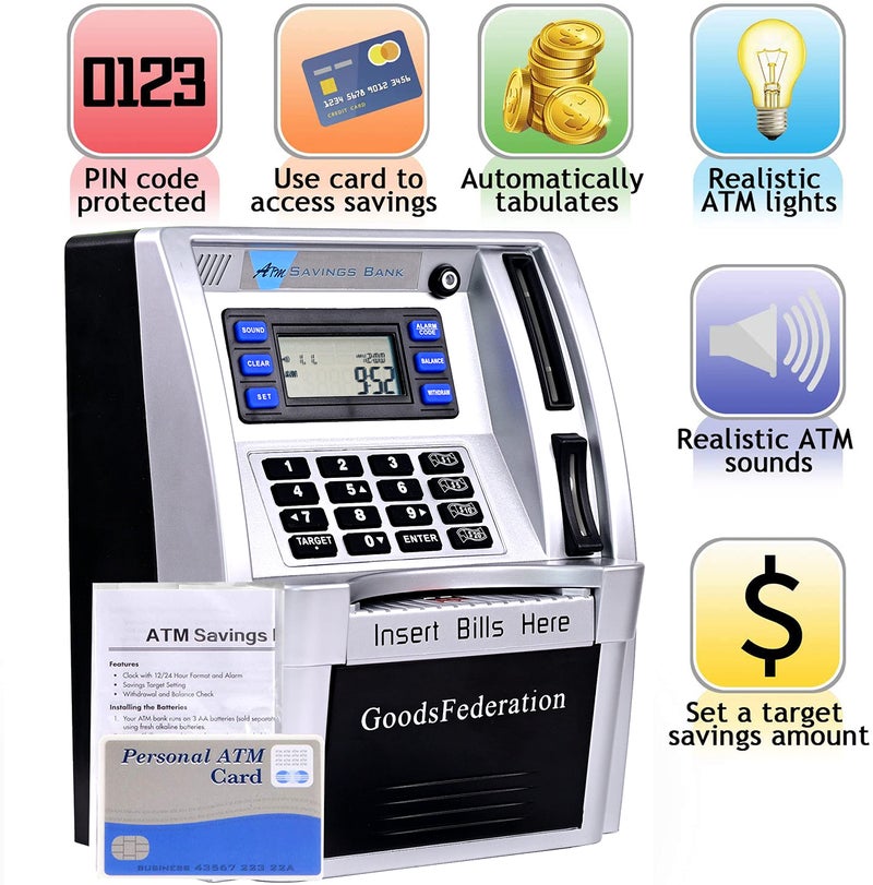 GoodsFederation ATM Piggy Bank for Real Money for Kids Adults,Toy Money Bank with Card,Password,Coin Recognition,Bill Feeder,Balance Calculator,Electronic Money Safe Coin Box,Hot Gift for Boys Girls - Image 2